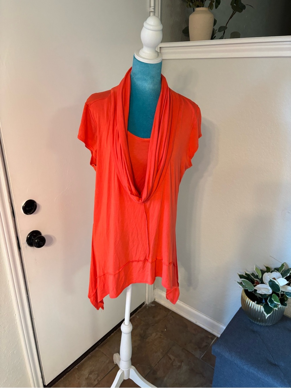 Bright Coral Draped Cowl Neck Tunic